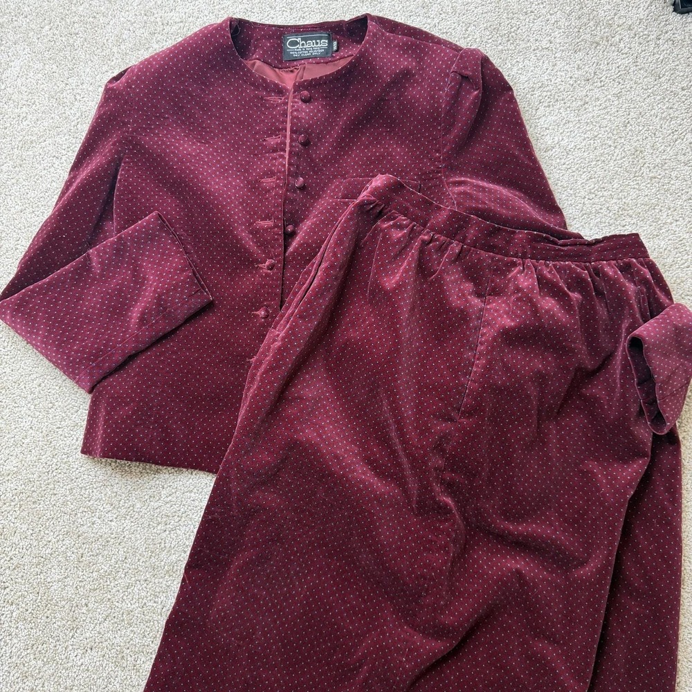 Vintage Chaus Pant Suit Womens 11/12 Red Velveteen Polka Dot Jacket Pants 90s